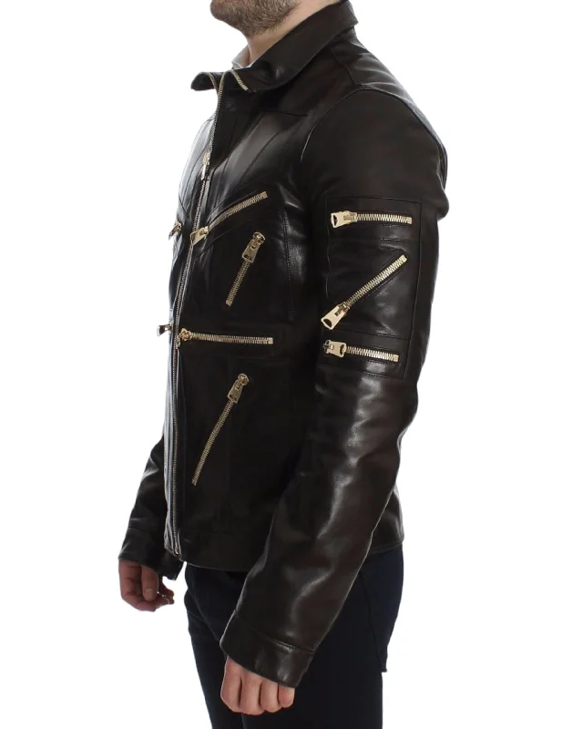 Elegant Brown Gold-Detailed Leather Jacket